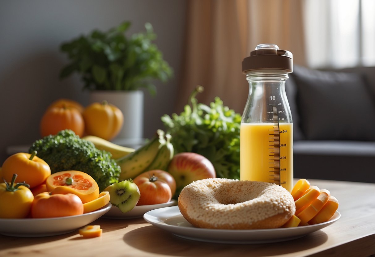 A baby bottle and a breastfeeding mother's pillow, both surrounded by a variety of healthy foods and a growth chart on the wall