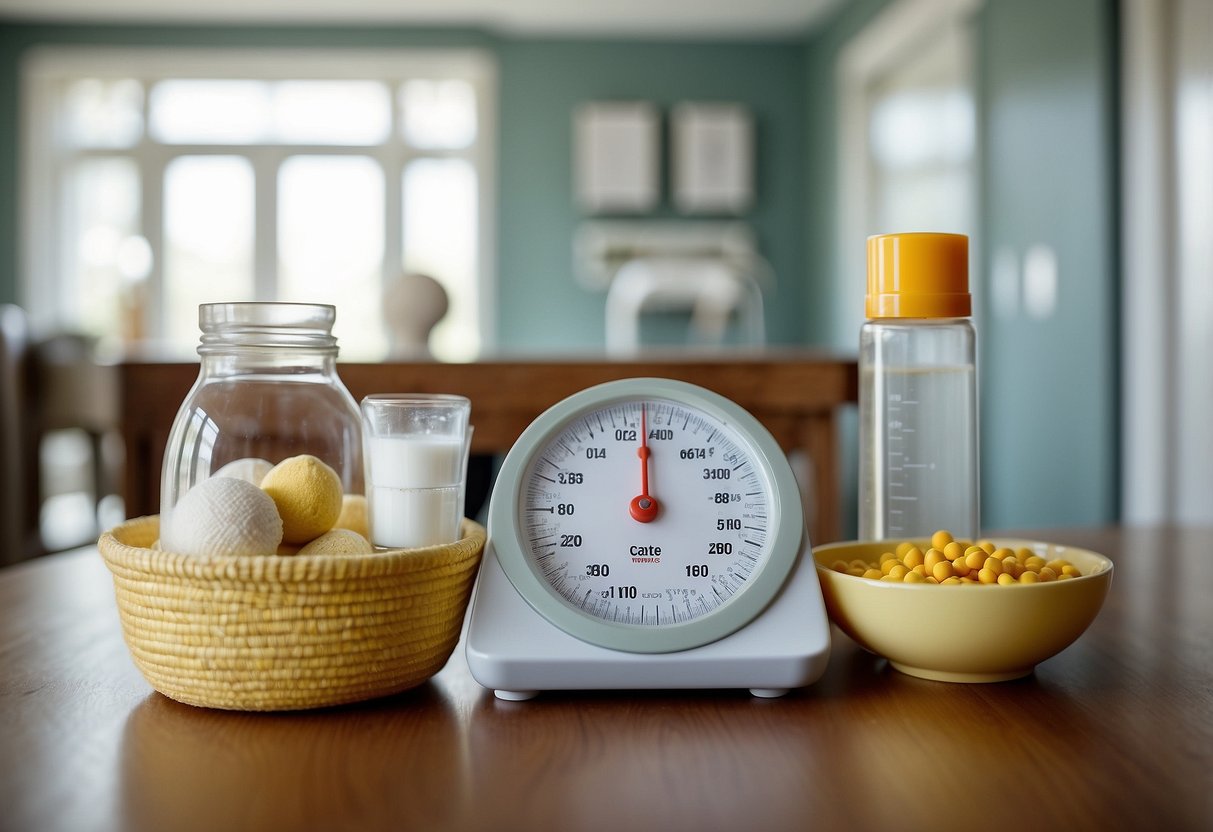 A scale with a baby's weight chart, a bottle of formula, and a breastfeeding pillow on a table. Growth charts and breastfeeding resources on the wall