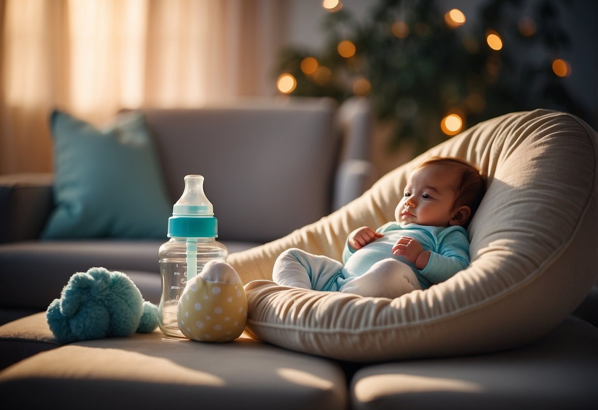 A baby bottle and a breastfeeding pillow sit side by side on a cozy chair, surrounded by gentle lighting and soothing colors