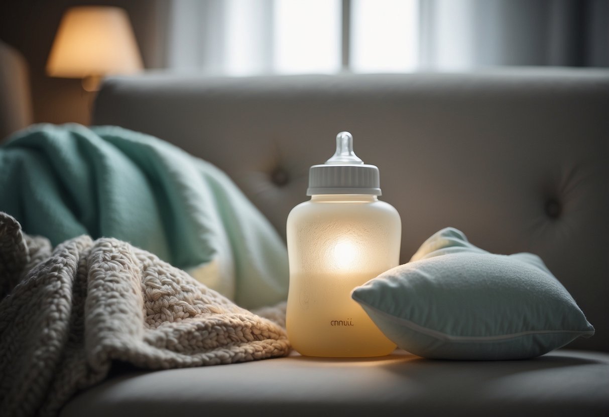 A baby bottle and a breastfeeding pillow sit side by side on a cozy chair, surrounded by peaceful and nurturing elements like soft blankets and gentle lighting