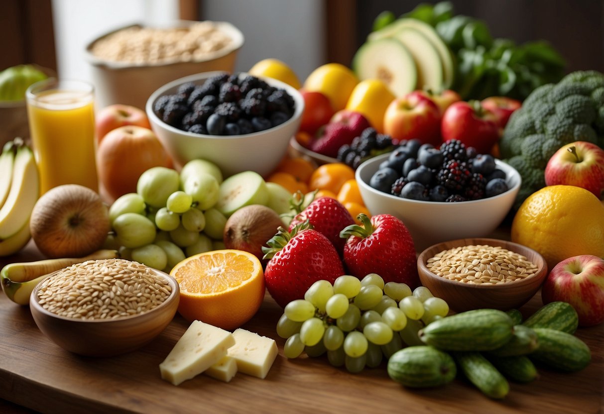 Colorful array of nutrient-packed foods arranged on a table, including fruits, vegetables, dairy, and grains. Bright and inviting presentation to showcase their importance in baby's development