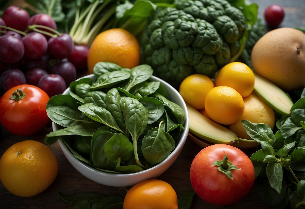 A vibrant pile of spinach surrounded by colorful fruits and vegetables, with a soft light shining on it, showcasing its nutrient-packed qualities