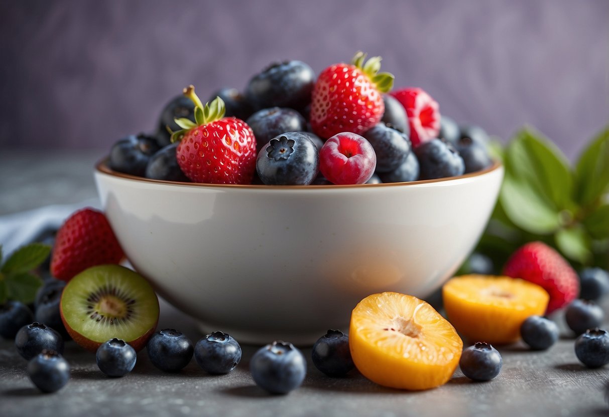 A bowl of vibrant blueberries surrounded by other colorful nutrient-packed foods, with a soft focus background to emphasize the importance of these foods for a baby's development