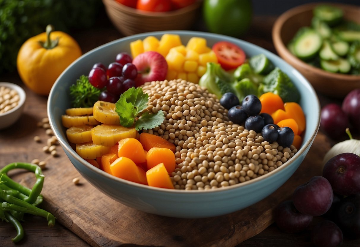 A bowl of lentils surrounded by colorful vegetables and fruits, with a variety of nutrient-packed foods in the background