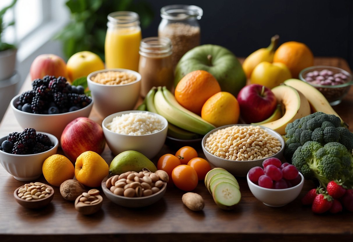 A colorful array of nutrient-packed foods arranged on a table, including fruits, vegetables, dairy products, and lean proteins. Each item is labeled with its key nutrients for baby's growth and development