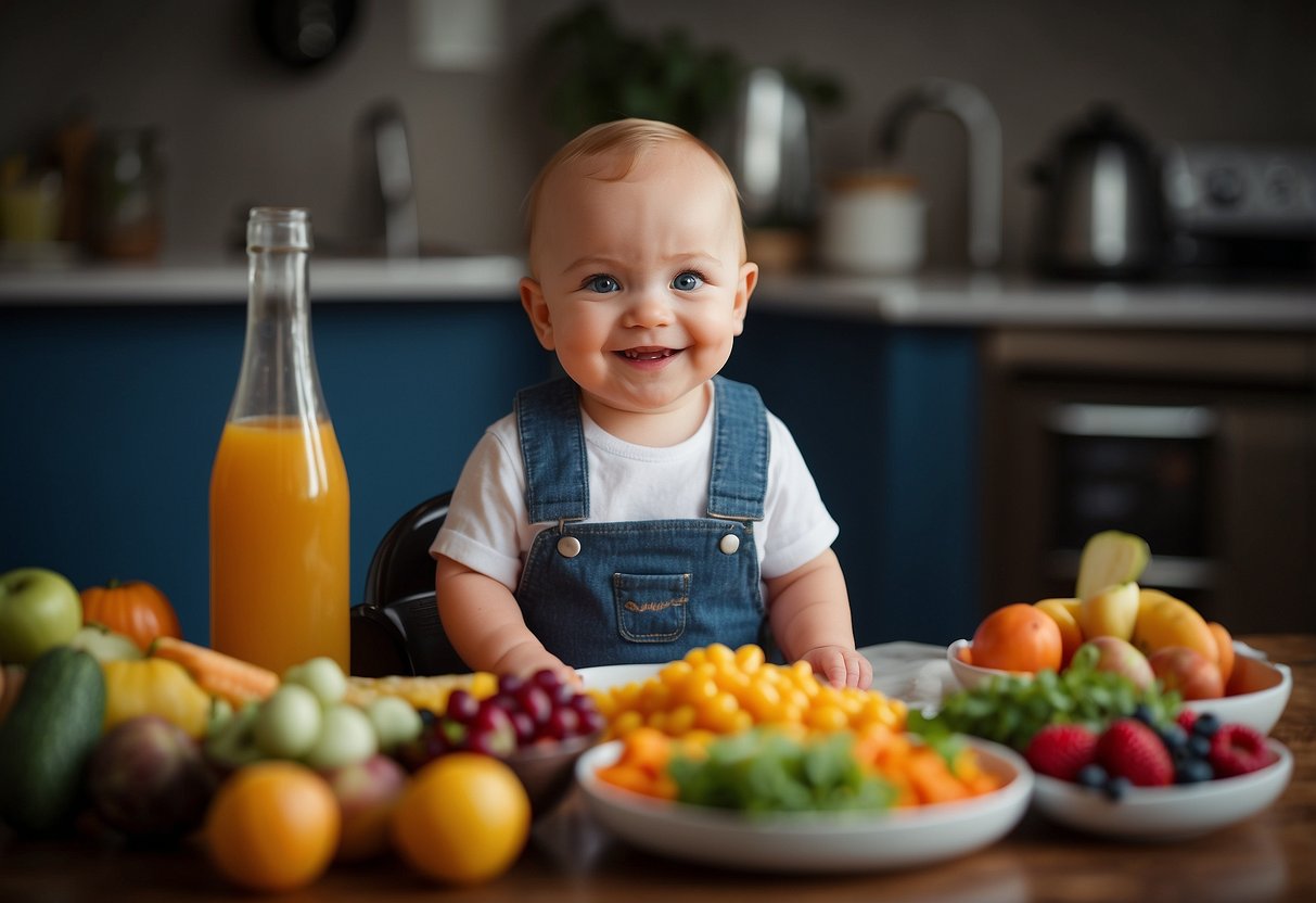 A smiling baby surrounded by a variety of healthy, colorful foods, with a clean high chair and bib nearby. Bright eyes and energetic movements indicate a thriving baby