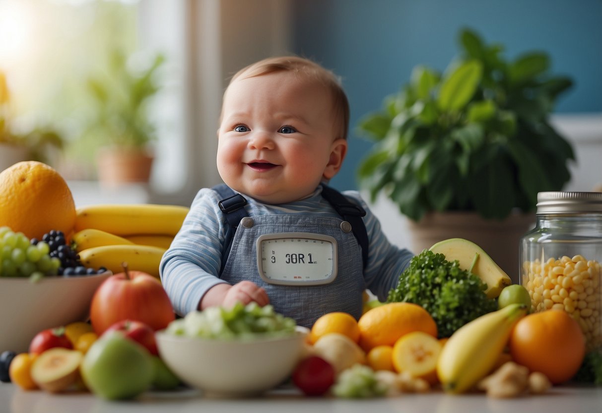 A chubby baby surrounded by healthy foods, smiling and playing with toys. Scales show steady weight gain. Plants and bright colors create a nurturing environment