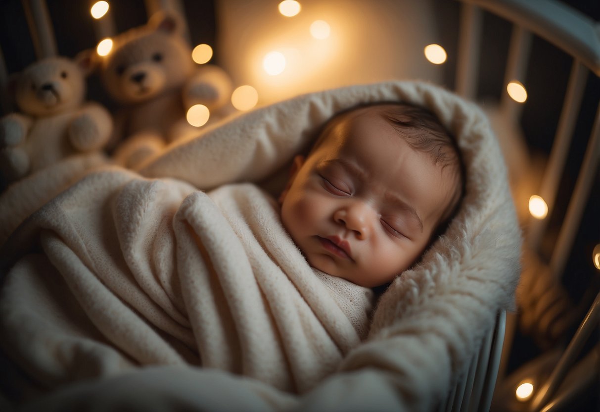 A peaceful baby sleeps soundly in a cozy crib, surrounded by soft blankets and toys. The room is dimly lit, creating a serene and soothing atmosphere