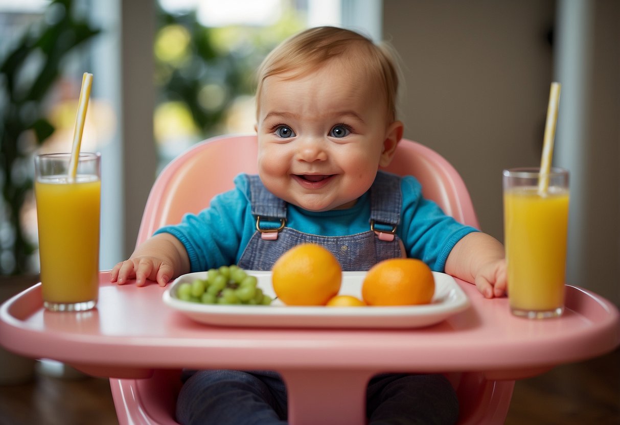 A baby sitting up, smiling, and reaching eagerly for a variety of colorful and nutritious foods on their high chair tray