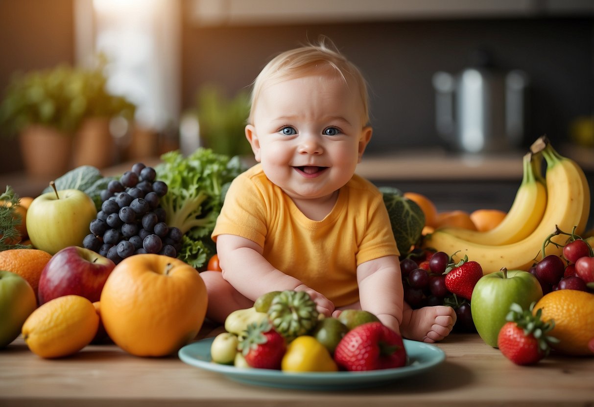 A colorful plate with a variety of fruits, vegetables, grains, and proteins. A happy baby with bright eyes and rosy cheeks. A growth chart showing steady progress