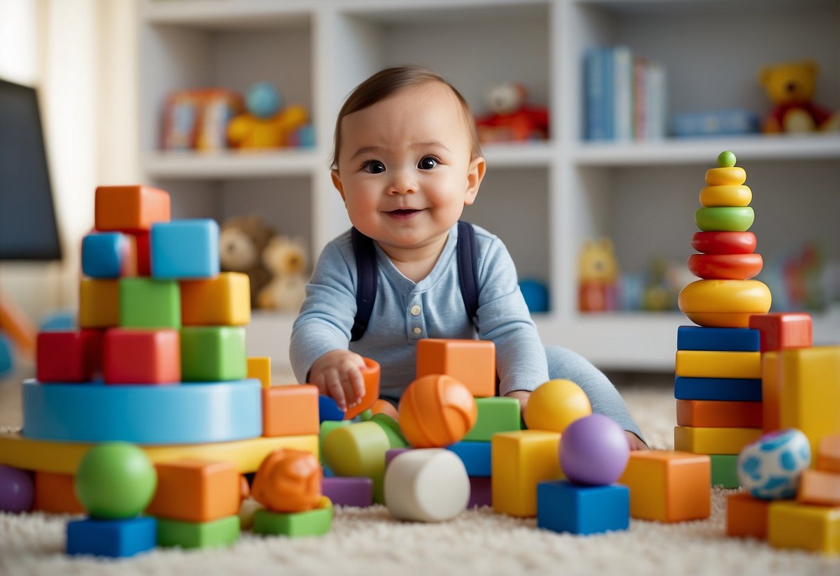 A baby surrounded by colorful toys and books, engaged in interactive games like peek-a-boo and stacking blocks. A parent nearby, smiling and encouraging the baby's learning