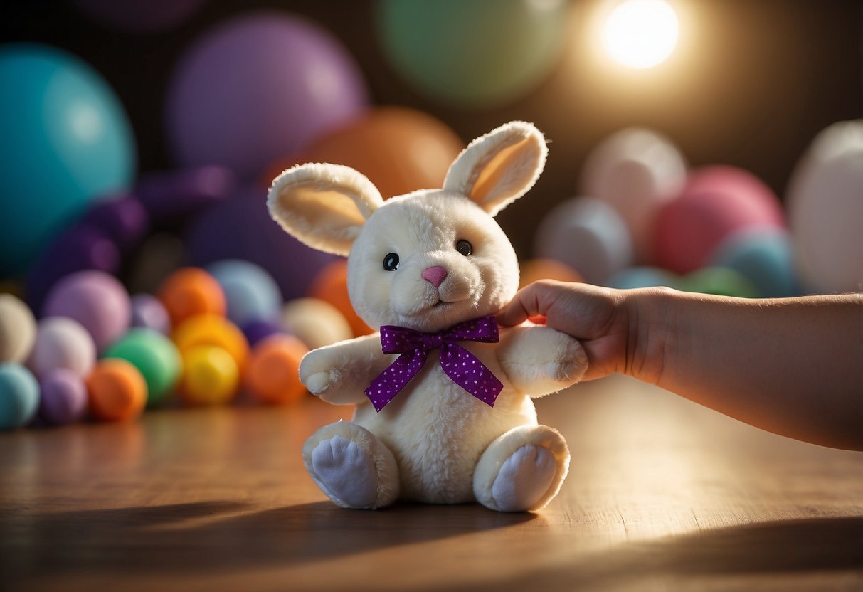 A baby's hand reaches out to touch a soft bunny toy. Other toys and books are scattered around, with colorful shapes and textures. A parent's hand is nearby, ready to engage in educational games