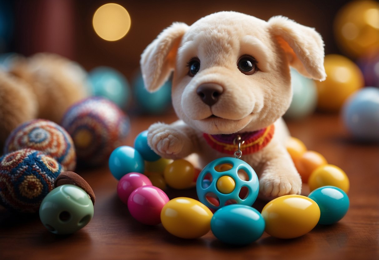 A colorful baby rattle and a cute puppy toy surrounded by various educational games for babies under 12 months