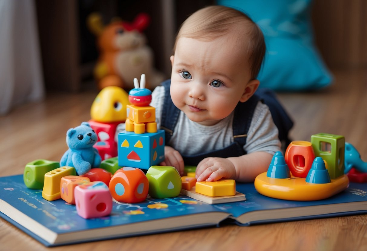 A baby shusher surrounded by colorful educational toys, with a book open to a page titled "10 Educational Games to Play with Your Baby Before 12 Months."