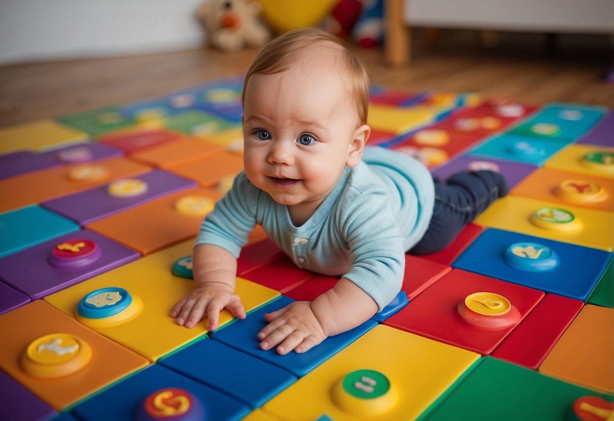 A colorful play mat with 10 educational games for babies under 12 months. Interactive and engaging for early learning development