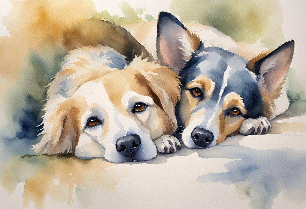 Two dogs lying side by side, heads resting on each other, tails wagging in unison. Eye contact and gentle nuzzling