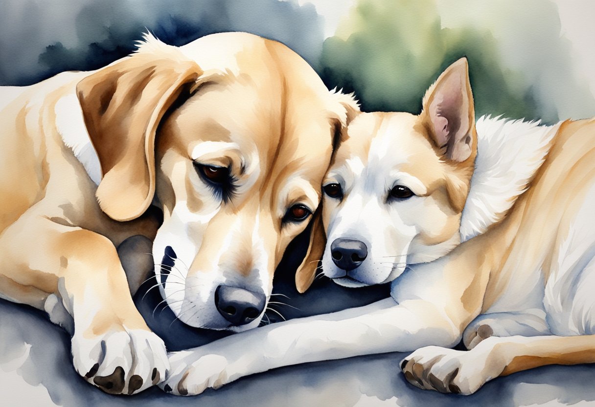 Two dogs lying side by side, heads resting on each other. Tails wagging in unison, eyes locked with contentment. A sense of trust and companionship evident in their relaxed and peaceful demeanor