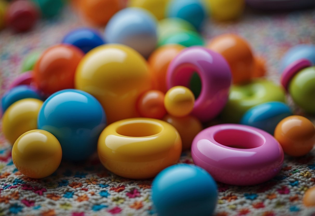 Colorful toys scattered on a soft, patterned rug. A baby rattle, stacking rings, and a musical mobile. Bright, engaging shapes and textures