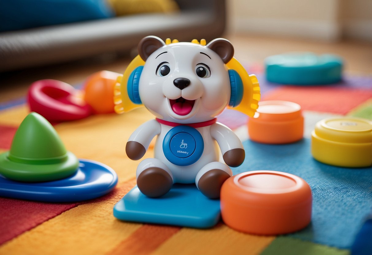 The Baby Einstein Take Along Tunes Musical Toy sits on a colorful play mat surrounded by other learning toys. It emits soft, soothing music and lights, engaging young infants in sensory exploration