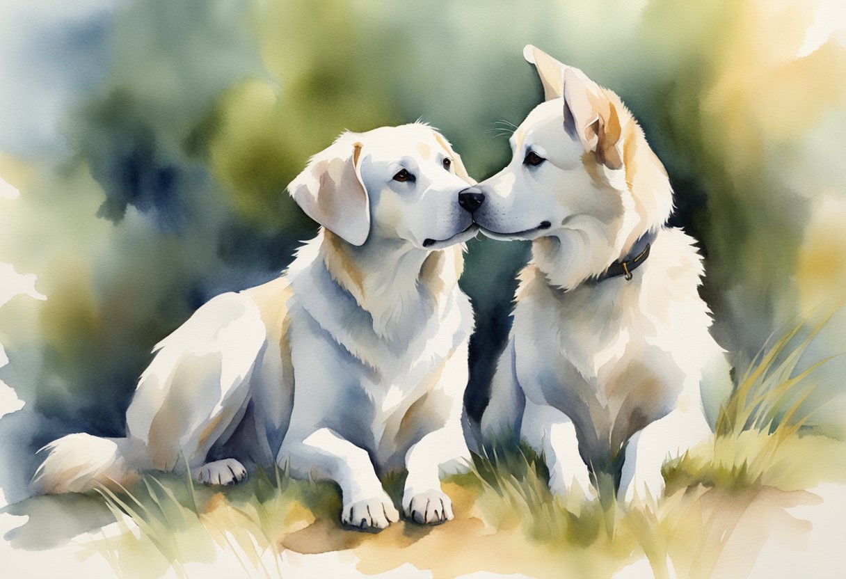 Two dogs sitting close, noses touching, tails wagging in sync, eyes locked on each other, showing signs of mutual trust and affection