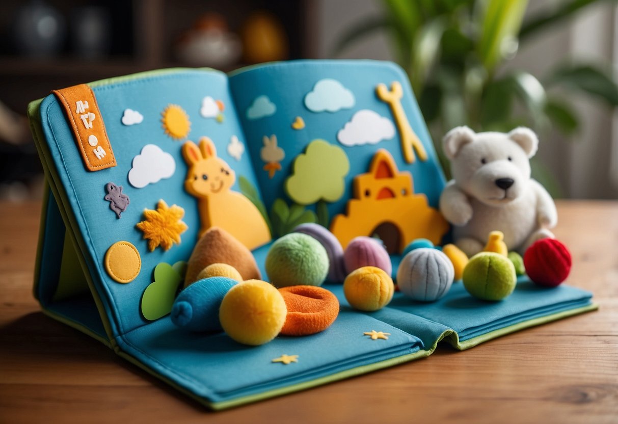 A soft activity baby book with 7 learning toys promoting infant development. Vibrant colors, different textures, and interactive features engage young minds