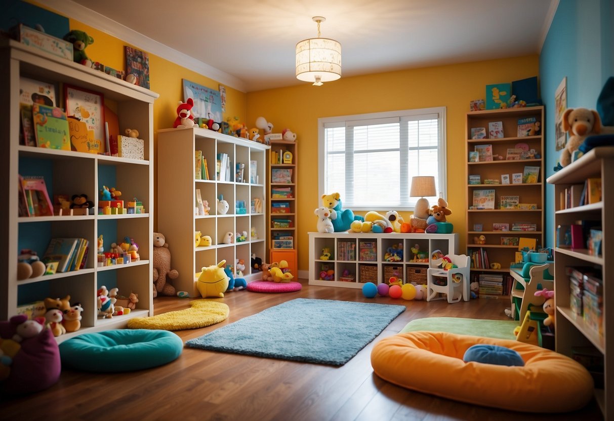 A colorful playroom with various educational toys neatly organized on shelves. A baby play mat in the center with interactive toys scattered around. A bookshelf filled with board books and learning materials