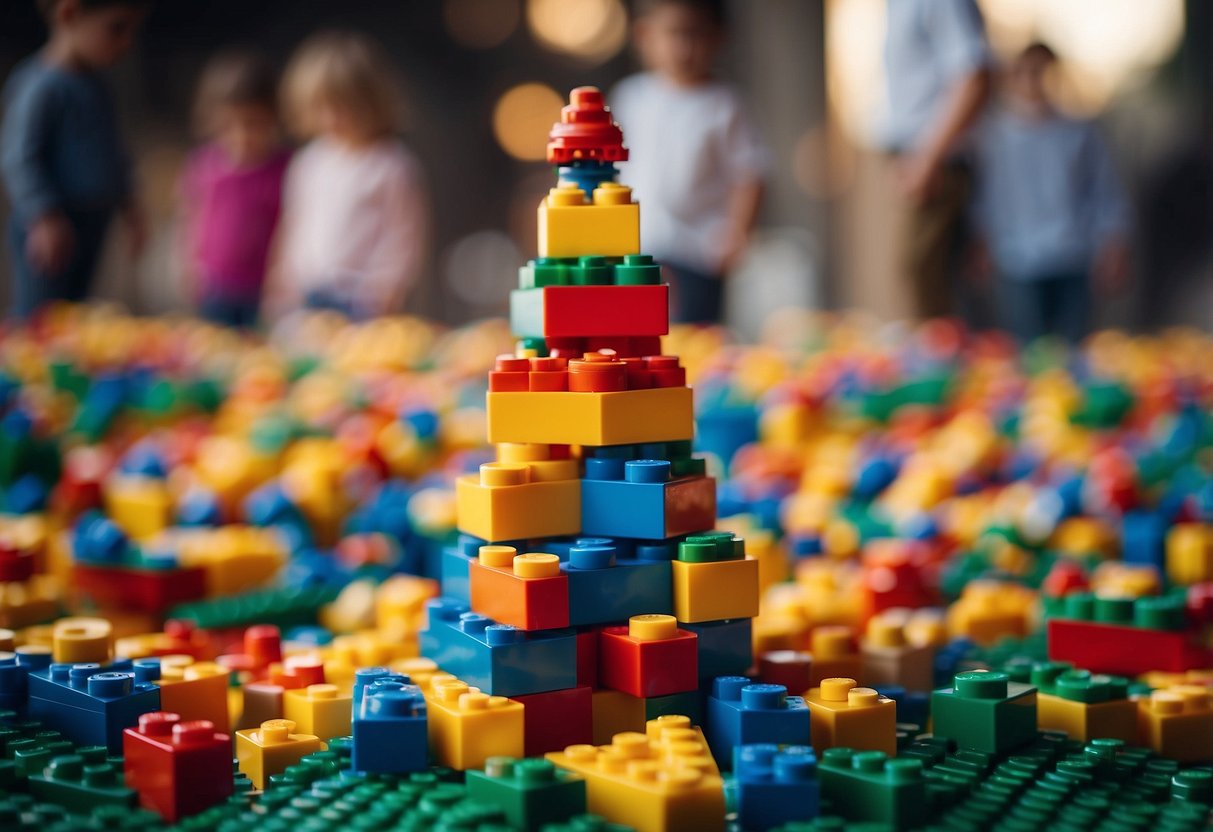 Colorful LEGO bricks stack to form buildings and structures, surrounded by children engaged in play and learning