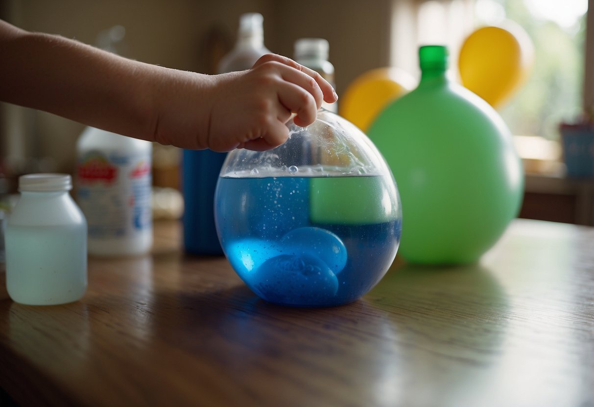 A table covered in household items like baking soda, vinegar, and food coloring. A child's hand reaches for a plastic bottle while a balloon inflates from a chemical reaction