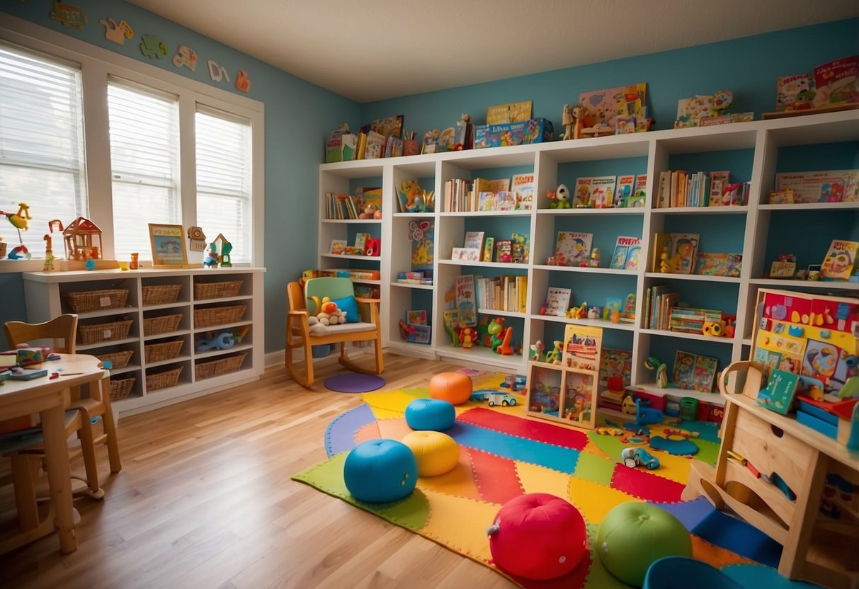 A colorful playroom with toys and games scattered around. A bookshelf filled with educational books and puzzles. A table set up for arts and crafts, with supplies neatly organized. A whiteboard displaying numbers, letters, and shapes