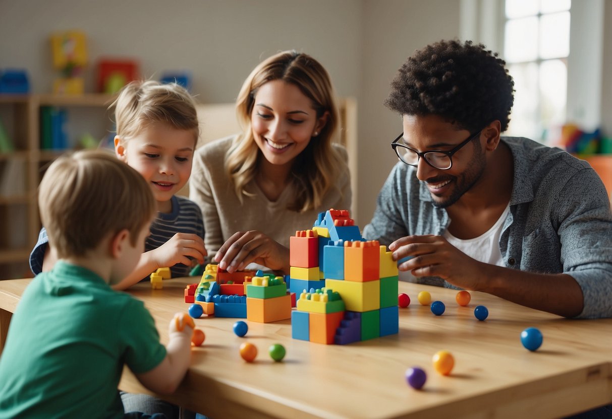 Children engage in educational play: building with blocks, sorting shapes, counting beads, painting, and reading. Parent oversees and guides activities