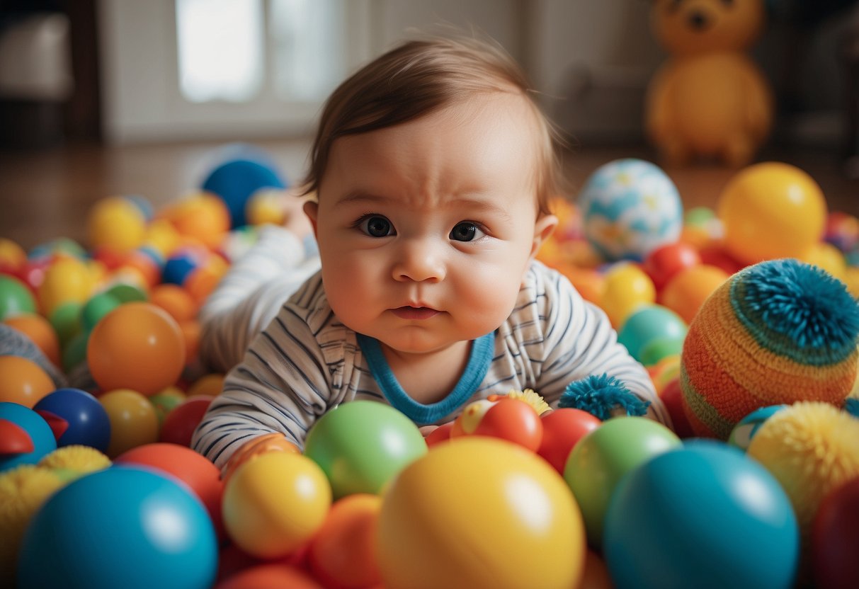 Babies surrounded by colorful toys, engaging in activities like peek-a-boo, sensory play, and music. A variety of textures and shapes stimulate their senses