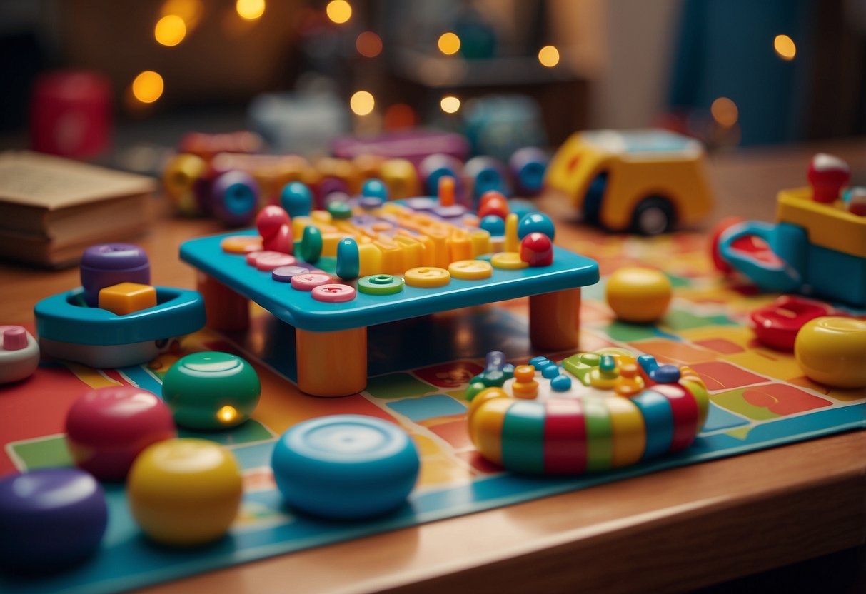 A colorful musical activity table surrounded by toys and books, with buttons, lights, and interactive features to engage a baby's senses and stimulate development