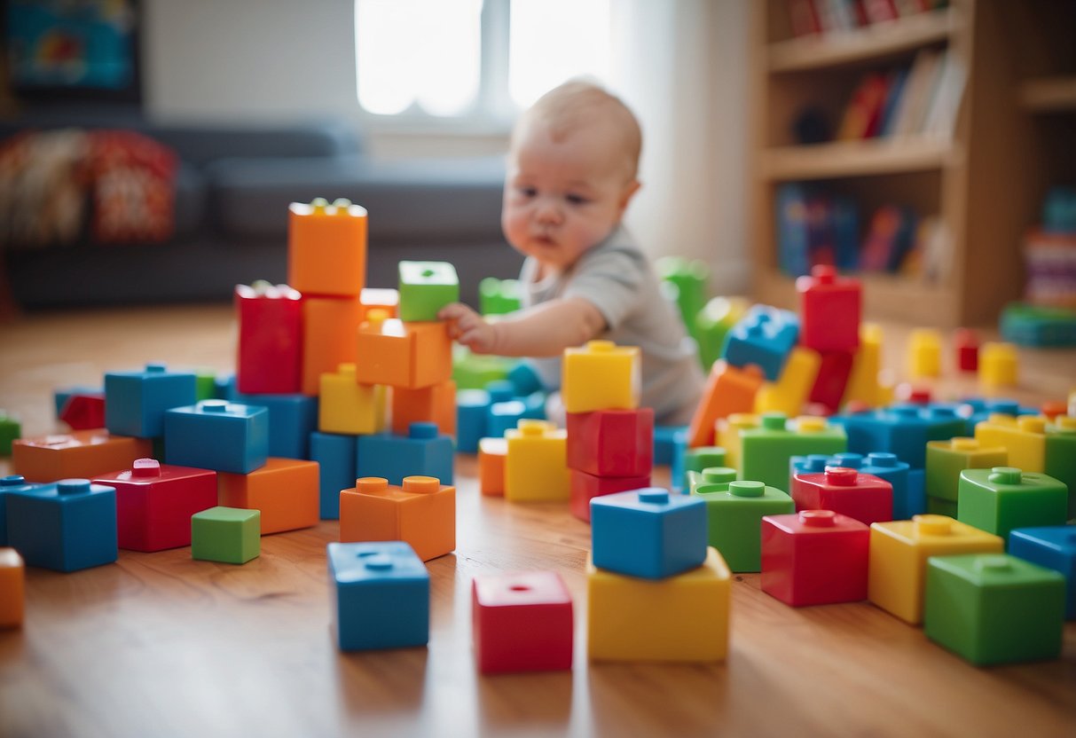 Colorful soft building blocks scattered on a play mat, surrounded by toys and books. A baby reaching out to grab a block, while others are stacked and arranged in different shapes