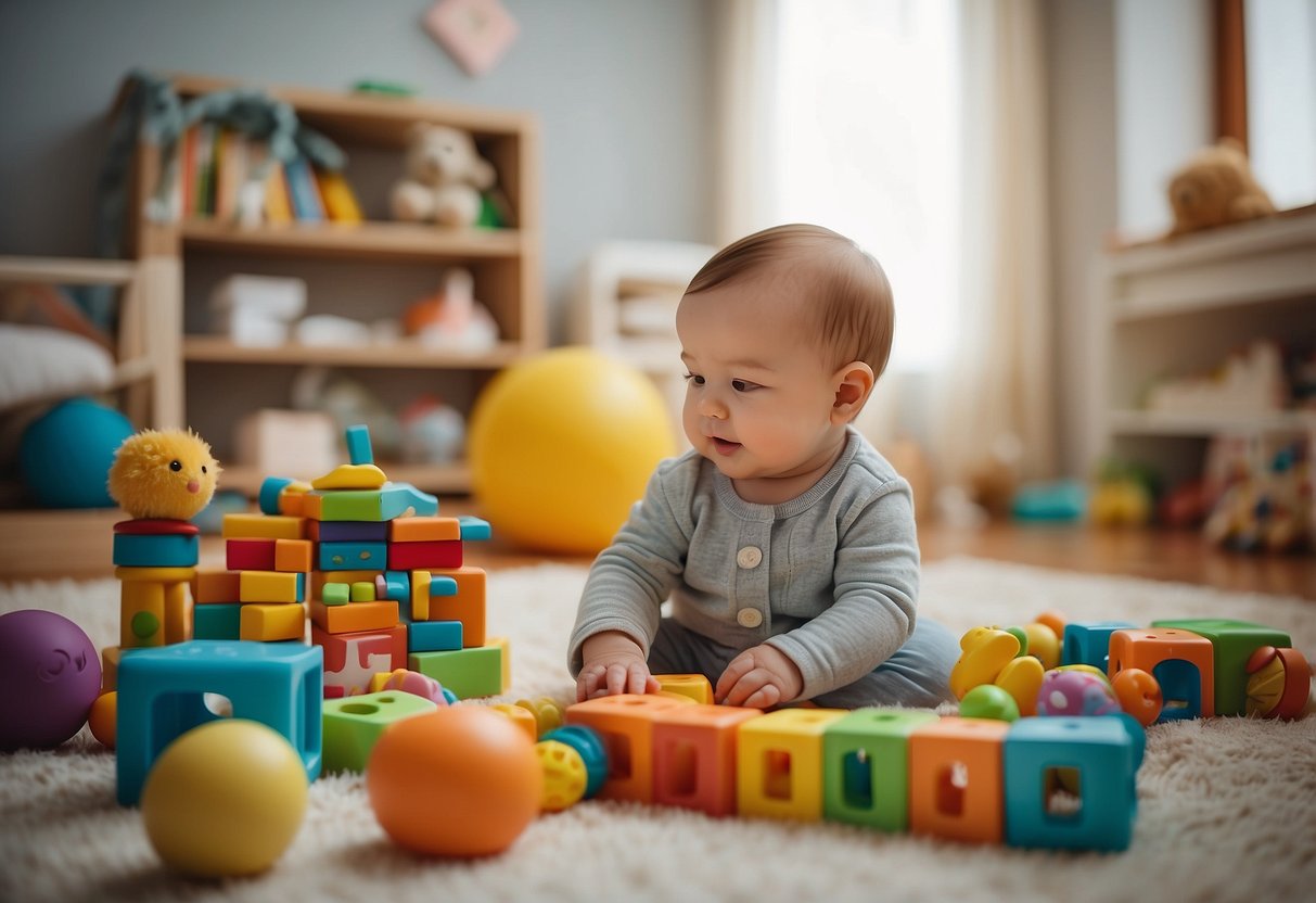 A baby surrounded by colorful toys and books, engaging in interactive play with a caregiver. The room is filled with stimulating activities to promote the baby's development