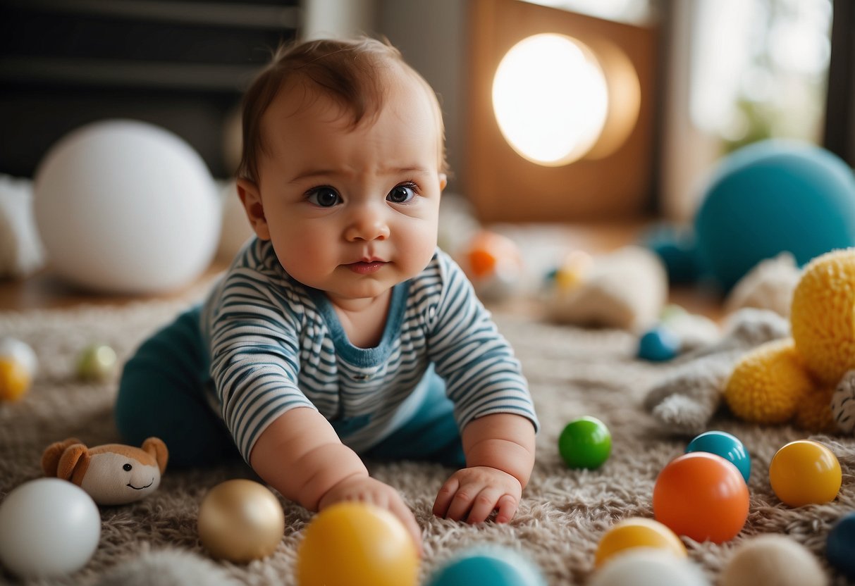 A baby sits surrounded by a variety of interactive toys, including a mirror, rattles, and sensory balls. The baby is reaching out and exploring the different textures and shapes, engaging in stimulating play