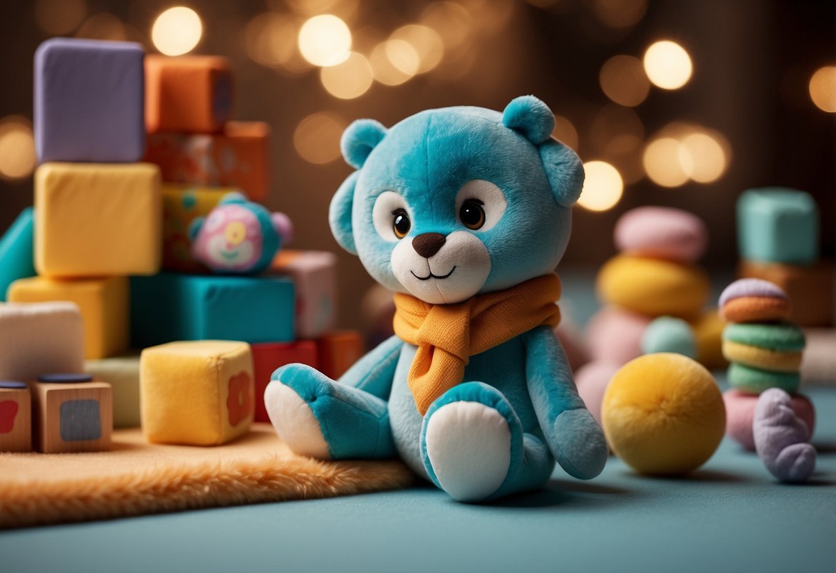 Colorful toys scattered on a soft, plush playmat. A teether and rattle sit beside a stack of blocks, a mirror, and a crinkly book