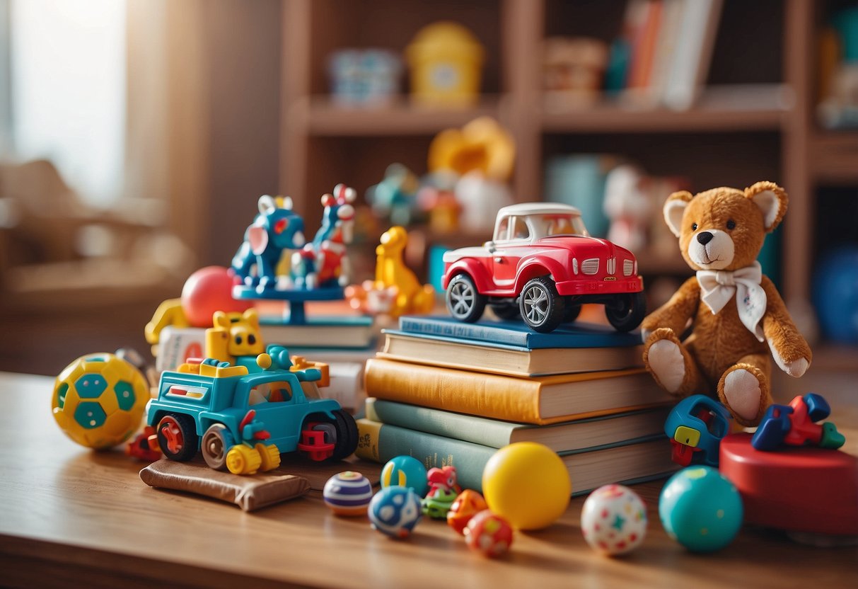 A colorful array of toys and books arranged in a play area, with educational games and activities scattered around for baby to engage with