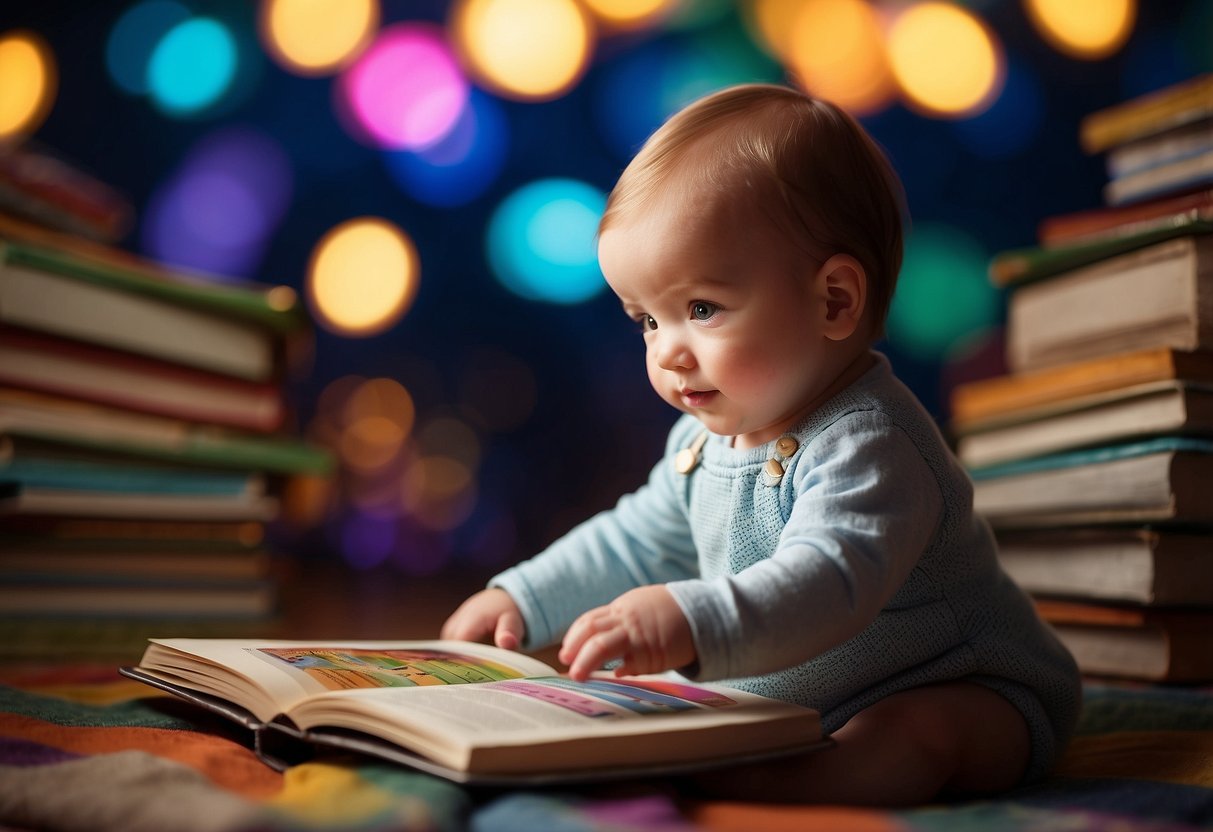 A baby surrounded by colorful, interactive storybooks, reaching out to touch and explore the pages while engaging in playtime