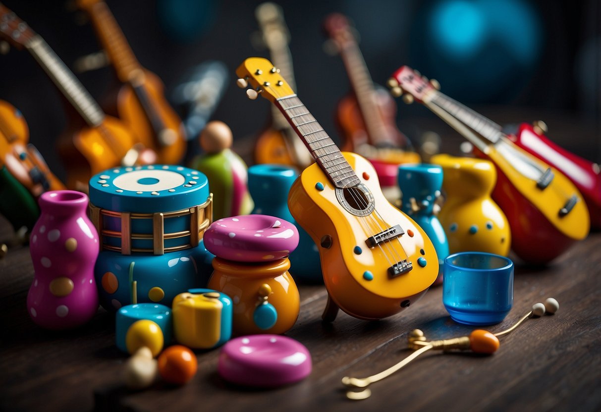 A colorful array of musical instruments arranged in a playful and inviting manner, with various shapes and sizes to engage a baby's curiosity and encourage exploration