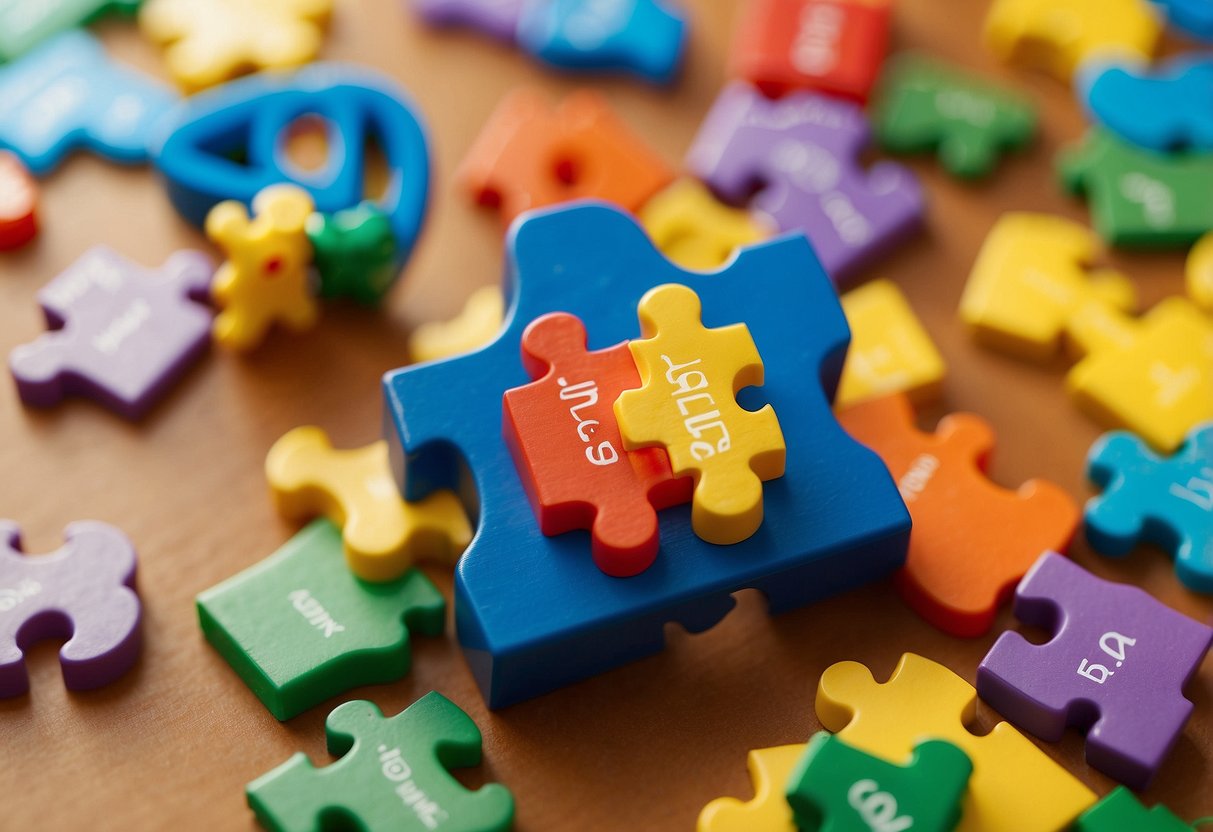 Colorful alphabet puzzle pieces scattered on a play mat, surrounded by toys and books. Bright natural light fills the room, creating a cheerful and inviting atmosphere for play and learning