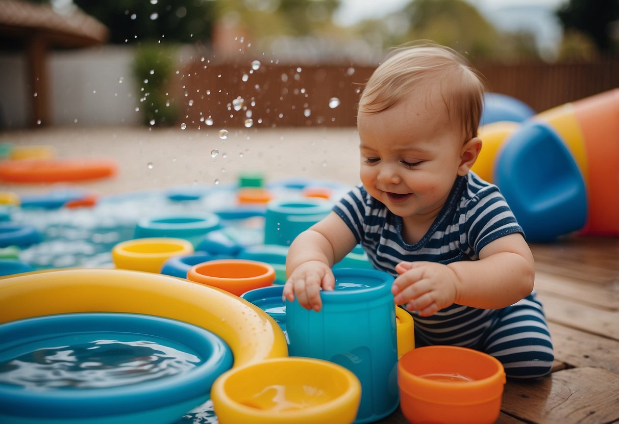 A baby playing with water toys, counting and sorting colorful objects, pouring and transferring water, exploring cause and effect, and engaging in sensory play