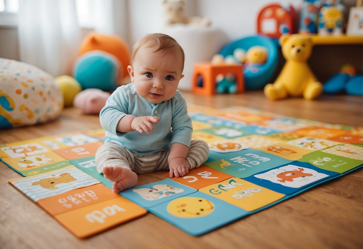 Brightly colored baby sign language cards scattered on a soft, patterned playmat. Toys and books surround the area, creating a playful and educational environment for the baby