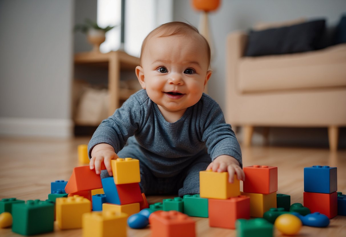 A baby playing with colorful blocks, shapes, and toys, while a parent narrates and sings songs to introduce new words and concepts