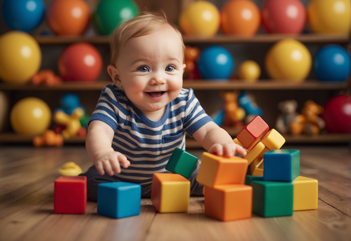 A baby reaching for colorful toys, smiling and babbling while playing with blocks, and exploring different textures with their hands and feet