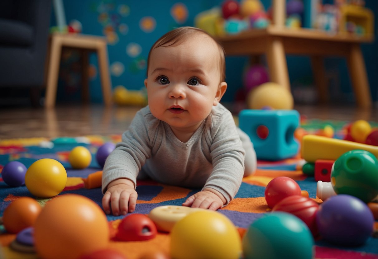 A baby reaching for toys on a colorful playmat, surrounded by various stimulating objects and shapes. The baby's focus and determination are evident as they explore and interact with the toys