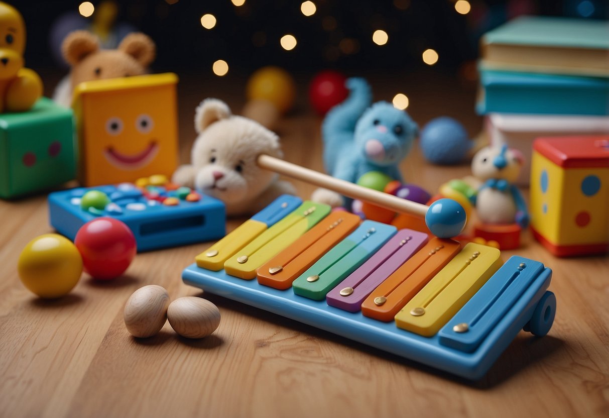 A baby's toys scattered on the floor, a xylophone being struck, a rattle shaking, and a book with colorful pictures open