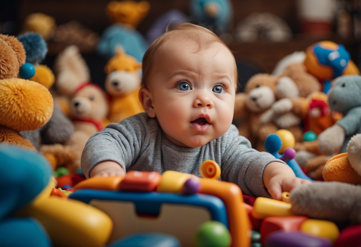 A baby reaching and mouthing objects, surrounded by toys and books, with a curious expression and focused attention