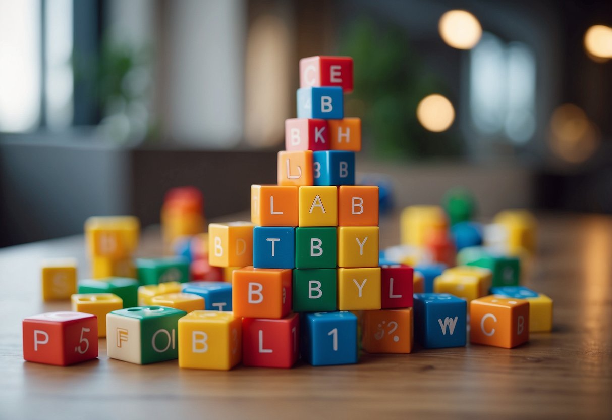 Colorful building blocks stacked with 7 signs of baby learning through play