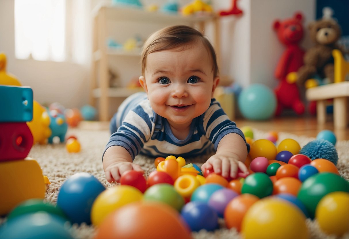 A colorful playroom with toys of various textures and shapes. A baby reaching for a toy, smiling and babbling. Other toys scattered around, showing signs of exploration and learning