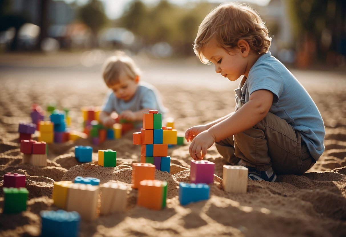 Children building with blocks, counting and sorting toys, drawing shapes, exploring nature, and experimenting with water and sand